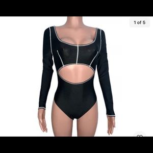 Shiny Black Cut Out Spandex Glam Kim K Costume Party L/S Stretchy Bodysuit New